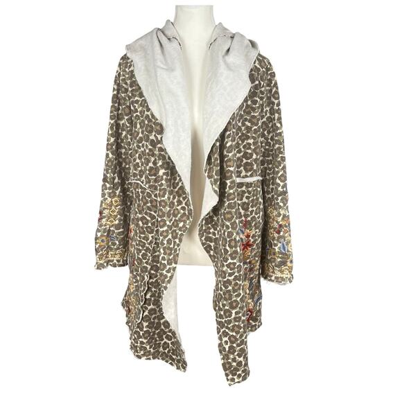 CAITE Small Leopard Camo Print Floral‎ Embroidered French Terry Cardigan Hoodie - Picture 1 of 11